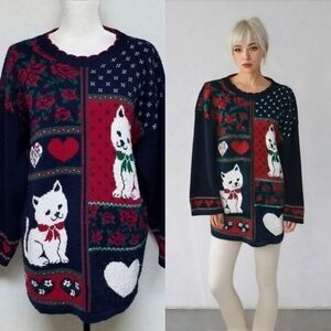 Rare Vintage 1990s Basic Editions Blue Red Kitten Heart Floral Scallop Sweater L